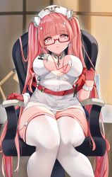 Rule 34 | 1girl, absurdres, azur lane, black choker, breasts, breasts apart, center opening, choker, collared dress, cromwellb, dress, glasses, gloves, hair ornament, half gloves, hat, highres, id card, large breasts, long hair, looking at viewer, nurse, nurse cap, panties, parted lips, perseus (azur lane), perseus (unfamiliar duties) (azur lane), pink eyes, pink gloves, pink hair, red-framed eyewear, semi-rimless eyewear, sitting, solo, syringe, thighhighs, thighs, twintails, underwear, very long hair, white dress, white hat, white panties, white thighhighs, wrist cuffs, x hair ornament