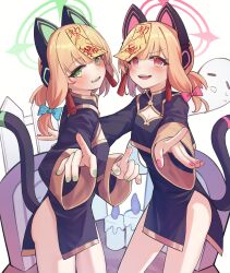 Rule 34 | 2girls, absurdres, animal ear headphones, animal ears, ass, blonde hair, blue archive, blue bow, blush, bow, cat tail, chinese clothes, cleavage cutout, clothing cutout, fake animal ears, green eyes, green halo, halo, headphones, highres, jiangshi costume, long sleeves, midori (blue archive), momoi (blue archive), multiple girls, ofuda, open mouth, pink halo, red eyes, ricke 2002, short hair, siblings, simple background, sisters, smile, tail, thighs, twintails, white background