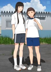 Rule 34 | 2girls, arms behind back, asian, black hair, blurry, breasts, brown eyes, brown hair, commentary request, depth of field, dolphin shorts, flat chest, highres, light frown, long hair, multiple girls, original, polo shirt, shinchou ni kansuru kousatsu, shirt, shoes, short hair, shorts, sidelocks, small breasts, smile, sneakers, v, white shirt