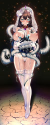 Rule 34 | 1girl, absurdres, animal collar, breasts, bridal garter, bridal lingerie, bridal veil, bride, brown hair, chest tattoo, collar, consensual tentacles, dark background, elbow gloves, enemy naval mine (kancolle), flower, full body, garter belt, garter straps, gloves, green eyes, hair between eyes, hair flower, hair ornament, heart lock (kantai collection), highres, holding, jewelry, kantai collection, lace, lace-trimmed legwear, lace trim, large breasts, lingerie, long hair, looking at viewer, necklace, nipples, noshiro (kancolle), panties, pearl necklace, pubic tattoo, ring, rose, sexually suggestive, slime (substance), smile, stone floor, string panties, suggestive fluid, sweat, tattoo, tentacles, thighhighs, torisan, underwear, veil, wedding band, white flower, white footwear, white garter straps, white gloves, white panties, white rose, white thighhighs