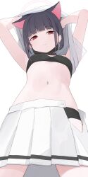 Rule 34 | 1girl, animal ears, black bra, blue archive, bra, cat ears, extra ears, highres, hiroki (yyqw7151), kazusa (blue archive), looking at viewer, multicolored hair, red eyes, simple background, skirt, solo, two-tone hair, underwear, white background, white skirt