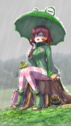 Rule 34 | 1girl, :d, ahalrick, animal, animal-themed umbrella, artist name, bag, blush, boots, brown hair, closed eyes, commentary, dated, flower, frog, grass, green footwear, green jacket, green umbrella, hair flower, hair ornament, hand up, happy, highres, holding, holding umbrella, jacket, knees together feet apart, nameless monkey, open mouth, outdoors, overcast, owozu, pink flower, pink thighhighs, pleated skirt, puffy sleeves, rain, raincoat, rubber boots, shirt, short hair, signature, siri (vtuber), sitting, sitting on tree stump, skirt, sky, sleeves past wrists, smile, solo, spanish commentary, striped clothes, striped thighhighs, thick eyebrows, thighhighs, tree stump, turtleneck, umbrella, virtual youtuber, wet, white shirt, zettai ryouiki