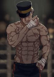 Rule 34 | 1boy, abs, absurdres, bad id, bad pixiv id, bandages, black hair, black hat, blue pants, brown eyes, facial scar, golden kamuy, hat, highres, imperial japanese army, kepi, large pectorals, male focus, military, military hat, military uniform, muscular, muscular male, navel, pants, pectorals, scar, scar on cheek, scar on chest, scar on face, short hair, solo, star (symbol), sugimoto saichi, tonta (tonta1231), topless male, two-tone headwear, uniform, yellow hat