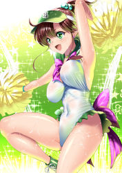 Rule 34 | 1girl, adapted costume, back bow, bishie sparkle, bishoujo senshi sailor moon, boots, bouncing breasts, bow, breasts, brown hair, cheerleader, choker, commentary request, cowboy shot, cross-laced footwear, green background, green choker, green eyes, green footwear, green sailor collar, hair bobbles, hair ornament, highleg, highleg leotard, impossible clothes, impossible leotard, jupiter symbol, kino makoto, lace-up boots, leotard, open mouth, pink bow, pom pom (cheerleading), ponytail, sailor collar, sailor jupiter, sen (sansui), smile, solo, sparkle background, super sailor jupiter, visor cap, white leotard