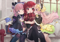 Rule 34 | 3girls, absurdres, atelier (series), atelier lydie &amp; suelle, blush, book, bow, bowtie, closed umbrella, couch, dress, frills, gloves, hair bow, hair ornament, hairband, highres, hug, indoors, long hair, long sleeves, looking at another, lucia borthayre, lydie marlen, multiple girls, on couch, one eye closed, open mouth, pantyhose, pillow, pink eyes, pink hair, puni (atelier), red eyes, red hair, sena (sena soar), siblings, side ponytail, sisters, sitting, skirt, smile, suelle marlen, thighhighs, twins, twintails, umbrella, yellow bow