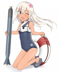 Rule 34 | 10s, 1girl, ainvy (envieout), bad id, bad pixiv id, bare shoulders, blonde hair, blue eyes, flower, hair flower, hair ornament, holding, kantai collection, kneeling, lifebuoy, long hair, looking at viewer, neckerchief, one-piece swimsuit, one eye closed, open mouth, ro-500 (kancolle), sailor collar, school swimsuit, simple background, slippers, solo, swim ring, swimsuit, swimsuit under clothes, tan, tanline, torpedo, white background