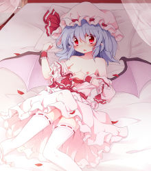Rule 34 | 1girl, ascot, bad id, bad pixiv id, bat wings, blue hair, breasts, female focus, fuuen (akagaminanoka), hat, lying, nipples, off shoulder, on back, open mouth, pointy ears, red eyes, remilia scarlet, skirt, skirt set, slit pupils, small breasts, solo, thighhighs, touhou, white thighhighs, wings, wrist cuffs