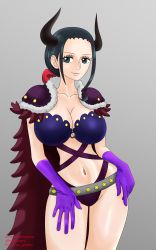 Rule 34 | 1girl, absurdres, beast pirates uniform, black hair, blue eyes, breasts, cape, cleavage, collarbone, costume, curvy, fake horns, female focus, fingernails, gloves, hair ornament, hair ribbon, hand on own hip, highres, hip bones, horns, huge breasts, large breasts, long hair, looking at viewer, mr piedra, navel, nico robin, one piece, ponytail, red ribbon, ribbon, shoulder pads, smile, swimsuit, thighs