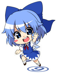 Rule 34 | circled 9, 1girl, :d, blue eyes, blue hair, blush, blush stickers, bow, chibi, cirno, hair bow, ice, ice wings, matching hair/eyes, moyashi (m-planter), open mouth, smile, solo, touhou, wings