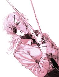Rule 34 | 1girl, black necktie, black pants, chainsaw man, dress shirt, dual wielding, eyepatch, high collar, highres, holding, holding sword, holding weapon, katana, lace-trimmed eyepatch, long hair, long sleeves, low ponytail, monochrome, necktie, normov, pants, pink theme, quanxi (chainsaw man), shirt, shirt tucked in, solo, swept bangs, sword, twin blades, upper body, weapon, white background, white shirt