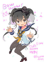 Rule 34 | 1girl, black hair, black hairband, blue sailor collar, blush, brown eyes, claw pose, dress, fang, fujii rino, grey hair, hairband, hat, kantai collection, long sleeves, looking at viewer, mini hat, multicolored hair, neckerchief, necktie, one-hour drawing challenge, open mouth, orange necktie, panties, pantyhose, rudder footwear, sailor collar, sailor dress, short hair with long locks, side-tie panties, simple background, skin fang, solo, tokitsukaze (kancolle), triangle, twitter username, underwear, white background, white panties