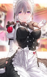 Rule 34 | 1girl, apron, arm support, black bow, black bowtie, blurry, blurry background, blush, bow, bowtie, breasts, flower, gloves, grey hair, hair between eyes, hand up, highres, indoors, juliet sleeves, kfr, large breasts, long hair, long sleeves, looking at viewer, maid, maid headdress, medium breasts, original, puffy sleeves, purple eyes, rose, sidelocks, sitting, solo, white gloves