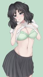 Rule 34 | 1girl, absurdres, amagami, black eyes, black hair, black skirt, blush, bra, breasts, cleavage, clothes lift, green background, green bra, groin, highres, kiriwakidevil, lace, lace-trimmed bra, lace trim, large breasts, lifted by self, lips, looking at viewer, medium breasts, messy hair, navel, self exposure, shirt, shirt lift, skirt, solo, standing, stomach, tanamachi kaoru, underwear, white shirt