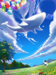 Rule 34 | balloon, bird, blue sky, brown hair, cloud, day, dew (7302235), facing away, flower, grass, highres, holding, holding stuffed toy, mountain, original, outdoors, scenery, shirt, sky, standing, stuffed toy, tree, tricycle, whale, white shirt