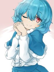 Rule 34 | 1girl, ;), blue capelet, blue hair, blue skirt, capelet, center frills, closed mouth, frills, highres, long sleeves, looking at viewer, one eye closed, own hands together, red eyes, shirt, short hair, skirt, smile, solo, tatara kogasa, touhou, tyouseki, upper body, white shirt