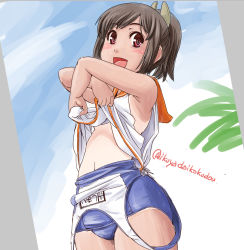 Rule 34 | 10s, 1girl, bare shoulders, blush, brown hair, i-401 (kancolle), ikuya daikokudou, kantai collection, looking at viewer, one-piece swimsuit, open mouth, ponytail, red eyes, sailor collar, school swimsuit, school uniform, short hair, short ponytail, smile, solo, swimsuit, tan, twitter username, undressing