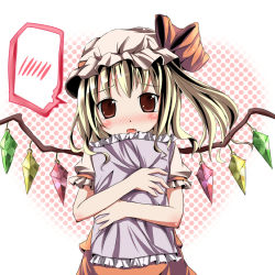Rule 34 | 1girl, blonde hair, blush, bow, crystal, fang, female focus, flandre scarlet, frilled pillow, frills, hat, hat bow, hug, kazura, hugging object, open mouth, pillow, pillow hug, puffy sleeves, red eyes, short hair, short sleeves, side ponytail, solo, spoken blush, touhou, wings