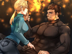 Rule 34 | 1boy, 1girl, beard, blonde hair, breasts, brown hair, chris redfield, closed mouth, facial hair, jill valentine, kiss, kissing hand, large breasts, lips, long hair, muscular, muscular male, nagare, ponytail, resident evil, resident evil 5