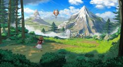 Rule 34 | 1girl, aircraft, black hair, blue sky, child, day, grass, hat, highres, hot air balloon, long hair, mountain, original, outdoors, red footwear, red vest, running, shirt, shoes, skirt, sky, tombag, tree, vest, white shirt, white skirt