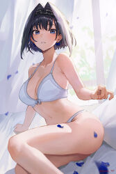 Rule 34 | 1girl, absurdres, bad source, black hair, blue eyes, blue hair, blush, bow, bow earrings, bra, breasts, chain headband, earrings, falling petals, front-tie top, hair intakes, hair ornament, headband, highres, hololive, hololive english, indoors, jewelry, large breasts, looking at viewer, multicolored hair, ouro kronii, petals, ribbon earrings, short hair, solo, sooon, thighs, underwear, underwear only, virtual youtuber