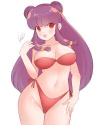 Rule 34 | 1girl, absurdres, bikini, breasts, cleavage, double bun, geraldjess1, hair bun, highres, large breasts, long hair, looking at viewer, navel, open mouth, purple hair, ranma 1/2, red bikini, red eyes, shampoo (ranma 1/2), simple background, smile, solo, swimsuit, white background
