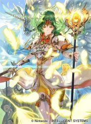Rule 34 | 1girl, armor, closed mouth, company name, copyright name, dress, elincia ridell crimea, feathers, fire emblem, fire emblem: path of radiance, fire emblem cipher, green hair, holding, holding staff, holding sword, holding weapon, long hair, nintendo, official art, orange eyes, pegasus, solo focus, staff, suzuki rika, sword, weapon