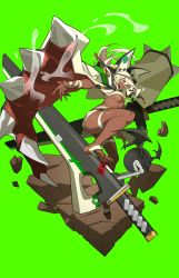 Rule 34 | 1girl, absurdres, arc system works, bare legs, barefoot, belt bra, breasts, cape, clover, dark-skinned female, dark skin, floating, four-leaf clover, from side, green background, guilty gear, guilty gear xrd, hat, highres, huge weapon, large breasts, leg up, long hair, midriff, navel, open mouth, platinum blonde hair, ramlethal valentine, short shorts, shorts, simple background, solo, stomach, sword, thigh strap, tlotro, underboob, weapon, white cape, yellow eyes