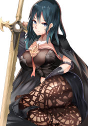 Rule 34 | 1girl, absurdres, armor, armored dress, ass, between breasts, black pantyhose, blue hair, breasts, brown pantyhose, byleth (female) (fire emblem), byleth (fire emblem), cape, cleavage, cleavage cutout, clothing cutout, detached collar, fire emblem, fire emblem: three houses, gauntlets, hair between eyes, highres, lace, lace-trimmed legwear, lace trim, large breasts, looking at viewer, medium hair, midriff, navel, nintendo, pantyhose, pantyhose under shorts, short shorts, shorts, simple background, solo, sword, tiamat (momokuri mannen), weapon, white background