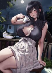 Rule 34 | 1girl, bare arms, black hair, blue eyes, blush, breasts, commentary request, cup, full moon, highres, holding, holding cup, jack dempa, large breasts, long hair, looking at viewer, miyamae shiho (jack dempa), mole, mole under eye, moon, moonlight, night, original, outdoors, parted lips, pouring, pouring onto self, sitting, skirt, smile, solo, thighs, white skirt