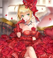Rule 34 | 10s, 1girl, :d, ahoge, bare shoulders, blonde hair, blurry, blurry background, blush, bow, breasts, cleavage, collarbone, commentary request, couch, depth of field, dress, earrings, elbow gloves, fate/extra, fate (series), flower, flower earrings, gloves, green eyes, hair between eyes, hair bow, hand up, head tilt, highres, indoors, jewelry, looking at viewer, medium breasts, momoko (momopoco), necklace, nero claudius (fate), nero claudius (fate) (all), nero claudius (fate/extra), official alternate costume, on couch, open mouth, petals, railing, red bow, red dress, red flower, red gloves, red rose, revision, rose, rose petals, sidelocks, sitting, smile, solo, stairs, strapless, strapless dress, striped bow, striped clothes, striped dress