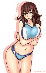 Rule 34 | 1girl, absurdres, bad id, bad twitter id, bare shoulders, blue eyes, blush, braid, breasts, brown hair, character name, collarbone, cowboy shot, highres, kantai collection, large breasts, long hair, looking at viewer, midriff, navel, noshiro (kancolle), notchi, simple background, solo, twin braids, twitter username, white background