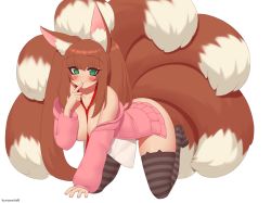 Rule 34 | 1girl, all fours, animal ear fluff, animal ears, artist name, bare shoulders, between breasts, blush, borrowed character, breasts, brown hair, cardigan, collarbone, commentary, commission, english commentary, finger to mouth, fluffy, fox ears, fox girl, fox tail, full body, green eyes, kuroonehalf, large tail, long hair, looking at viewer, multiple tails, necktie, necktie between breasts, off shoulder, open cardigan, open clothes, open shirt, original, pink cardigan, plushmallow, red necktie, smile, solo, striped clothes, striped thighhighs, tail, thighhighs, twintails, uneven twintails, very long hair