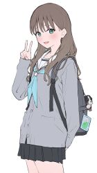 Rule 34 | animal keychain, backpack, bag, black skirt, blue neckerchief, blunt bangs, blush, brown hair, cardigan, grey cardigan, hair behind ear, highres, charm (object), light smile, long hair, looking at viewer, mikazuchi zeus, neckerchief, open mouth, original, pleated skirt, sailor collar, skirt, v, wavy ends, white background, white sailor collar