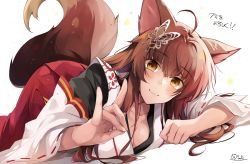 Rule 34 | 1girl, animal ears, blush, breasts, brown hair, butterfly hair ornament, cleavage, closed mouth, collarbone, detached sleeves, feet out of frame, fox ears, fox shadow puppet, fox tail, fumi (nijisanji), hair between eyes, hair ornament, hirai yuzuki, japanese clothes, large breasts, long hair, long sleeves, looking at viewer, lying, nijisanji, on stomach, red hair, signature, simple background, smile, solo, tail, virtual youtuber, white background, wide sleeves, yellow eyes