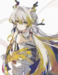 Rule 34 | 1girl, arknights, bare shoulders, blonde hair, closed mouth, coppelia982, dragon girl, dragon horns, earrings, grey eyes, hair between eyes, hair intakes, highres, horns, jewelry, light smile, long hair, looking at viewer, multicolored hair, off shoulder, pointy ears, purple hair, shu (arknights), simple background, solo, unfinished, upper body, white background, white hair