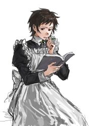 Rule 34 | 1boy, absurdres, apron, book, brown hair, chinese commentary, collared shirt, commentary request, crossdressing, harada minoru, highres, holding, holding book, holding pen, kafei067, long sleeves, maid, maid apron, male focus, male maid, neck ribbon, open mouth, pen, red eyes, ribbon, saibou shinkyoku, shirt, short hair, simple background, solo, white apron, white background, white ribbon
