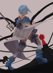 Rule 34 | 10s, 1girl, back, bare shoulders, blood, blue hair, boots, cloak, elsa maria (madoka magica), gloves, injury, jyon, magical girl, mahou shoujo madoka magica, mahou shoujo madoka magica (anime), miki sayaka, short hair, solo, sword, thighhighs, weapon, witch&#039;s labyrinth