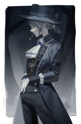 Rule 34 | 1girl, absurdres, artist name, ascot, black background, black coat, black hat, black pants, black shirt, blue brooch, closed mouth, coat, commentary, cowboy shot, cyrintheum, expressionless, grey background, grey hair, hair bun, hat, highres, long sleeves, pants, profile, reverse:1999, shirt, solo, top hat, vertin (reverse:1999), white ascot