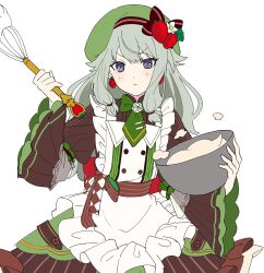 Rule 34 | 1girl, beret, blush, bow, bowl, bowtie, brown bow, brown dress, brown sash, closed mouth, dress, earrings, food-themed earrings, food themed earrings, green bow, green bowtie, green hair, green hat, green necktie, hat, highres, holding, holding bowl, holding whisk, jewelry, juliet sleeves, kusanagi nene, long hair, long sleeves, looking at viewer, low-tied sidelocks, necktie, project sekai, puffy sleeves, purple eyes, simple background, solo, strawberry earrings, strawberry hat ornament, taro14 tea, upper body, whisk, white background, wide sleeves