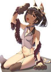 Rule 34 | 1girl, animal ear fluff, animal hands, black hair, blush, breasts, commentary request, dark-skinned female, dark skin, fate/kaleid liner prisma illya, fate (series), female focus, garter straps, gloves, hair ornament, hairclip, highres, miyu edelfelt, navel, neck bell, open mouth, paw gloves, paw shoes, sashimi nasu, simple background, sitting, solo, teeth, thighhighs, upper teeth only, white background
