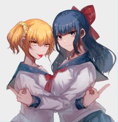 Rule 34 | 10s, 2girls, :3, :p, bad id, bad pixiv id, blonde hair, blue eyes, blue hair, bow, censored, censored gesture, danjou sora, hair bow, highres, long hair, looking at viewer, middle finger, mosaic censoring, multiple girls, pipimi, poptepipic, popuko, school uniform, serafuku, short hair, sidelocks, tongue, tongue out, twintails, yellow eyes
