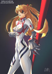 Rule 34 | 1girl, artist request, ass, bodysuit, breasts, covered navel, curvy, evangelion: 3.0+1.0 thrice upon a time, highres, holding, holding weapon, interface headset, lance, lance of longinus (evangelion), light smile, long hair, medium breasts, neon genesis evangelion, neon lights, plugsuit, polearm, rebuild of evangelion, simple background, solo, souryuu asuka langley, standing, twintails, twitter username, two side up, very long hair, weapon, white bodysuit, wide hips