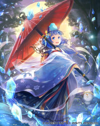 Rule 34 | 1girl, :d, animal ears, blue eyes, blue hair, dragon&#039;s shadow, fox ears, full moon, hair ornament, highres, holding, japanese clothes, kimono, layered clothes, layered kimono, long hair, looking at viewer, matching hair/eyes, moon, official art, oil-paper umbrella, open mouth, original, shawl, smile, snowman, solo, tree, umbrella, very long hair, virus (obsession), wind