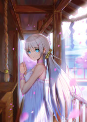 Rule 34 | 1girl, backlighting, bell, blue eyes, box, cherry blossoms, cowboy shot, donation box, dress, from side, hair between eyes, hair ornament, hairclip, highres, long hair, looking at viewer, original, outdoors, parted lips, rope, shide, shrine, shrine bell, sidelocks, silver hair, solo, sundress, white dress, xiaosan ye