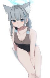 Rule 34 | 1girl, :o, animal ear fluff, animal ears, aqua eyes, arm between legs, arm support, blue archive, blush, breasts, cleavage, collarbone, competition swimsuit, cross hair ornament, extra ears, feet out of frame, grey hair, hair ornament, halo, highres, looking at viewer, medium breasts, mismatched pupils, official alternate costume, one-piece swimsuit, shiroko (blue archive), shiroko (swimsuit) (blue archive), simple background, sitting, solo, swimsuit, terano naa, thigh gap, two-tone one-piece swimsuit, white background, wolf ears
