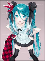 Rule 34 | 1055, 1girl, aqua eyes, aqua hair, aqua nails, black ribbon, black skirt, black thighhighs, bracelet, checkered blanket, commentary, eyeliner, frilled shirt, frills, hair ornament, hair ribbon, hands on own hips, hatsune miku, highres, jewelry, lace, lace-trimmed legwear, lace-trimmed shirt, lace trim, leaf hair ornament, leaning forward, long hair, looking at viewer, makeup, miniskirt, nail polish, open mouth, pleated skirt, project diva (series), ribbon, shirt, short sleeves, skirt, solo, supreme (module), thighhighs, twintails, very long hair, vocaloid, white shirt, world is mine (vocaloid)