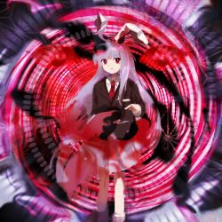 Rule 34 | 1girl, animal ears, black jacket, blazer, blouse, blush, bright pupils, bullet, circle, closed mouth, collared shirt, commentary, crescent, crescent pin, danmaku, feet out of frame, glowing, glowing eyes, hallucination, highres, jacket, kaigen 1025, light purple hair, long hair, long sleeves, necktie, parody, pink eyes, pink skirt, rabbit ears, red eyes, red necktie, reisen udongein inaba, shirt, sidelocks, skirt, smirk, solo, spell card, style parody, touhou, transparent, very long hair, white shirt, zun (style)