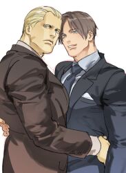 Rule 34 | 2boys, bara, black jacket, blonde hair, brown hair, brown jacket, closed mouth, collared shirt, jack krauser, jacket, leon s. kennedy, male focus, multiple boys, muscular, muscular male, necktie, resident evil, resident evil 4, resident evil 4 (remake), shirt, short hair, simple background, smile, tatsumi (psmhbpiuczn), white background, white shirt, yaoi