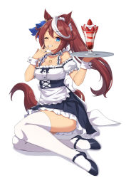 Rule 34 | 1girl, ;d, alternate costume, animal ears, apron, bare shoulders, black footwear, blue eyes, breasts, brown hair, cake, character request, clenched teeth, commentary, detached collar, detached sleeves, dot nose, dress, ear ornament, enmaided, food, forehead, frilled apron, frilled dress, frilled sleeves, frills, fruit, full body, grin, hair between eyes, hand to own mouth, highres, holding, holding tray, horse ears, horse girl, horse tail, horseshoe ornament, jewelry, long hair, looking at viewer, maid, mary janes, medium breasts, multicolored hair, necklace, one eye closed, open mouth, parfait, ponytail, shadow, shoes, simple background, smile, solo, strawberry, strawberry shortcake, tail, teeth, thighhighs, thighs, tokai teio (umamusume), tray, two-tone hair, umamusume, v-shaped eyebrows, vococo, white background, white hair, white thighhighs, wrist cuffs, ||/
