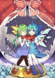 Rule 34 | 2girls, black legwear, blue bow, blue dress, blue eyes, blue footwear, blue hair, blue skirt, boots, bow, cirno, closed mouth, curtains, daiyousei, dress, closed eyes, fairy wings, green hair, hair bow, highres, ice, ice wings, index finger raised, interlocked fingers, looking up, multiple girls, open mouth, own hands clasped, own hands together, pantyhose, polka dot footwear, red bow, red footwear, red scarf, risui (suzu rks), scarf, shared clothes, shared scarf, short dress, sitting, skirt, smile, snow, snow globe, snowing, touhou, unfinished, wings, yellow bow